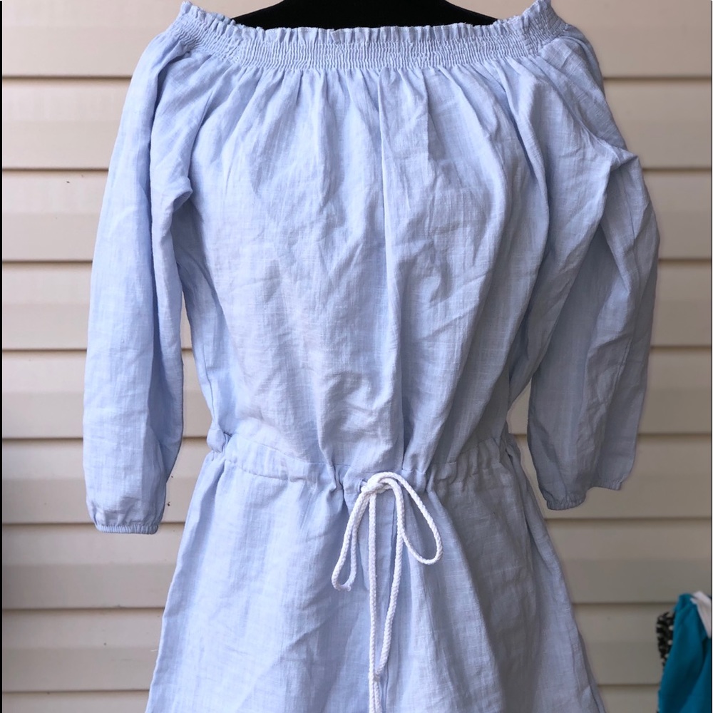 Chambray Off shoulder romper.  Pull on closure